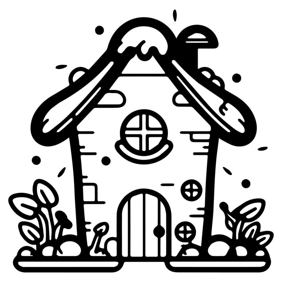 Mushroom hut, cute cartoon, vector icon, coloring page.