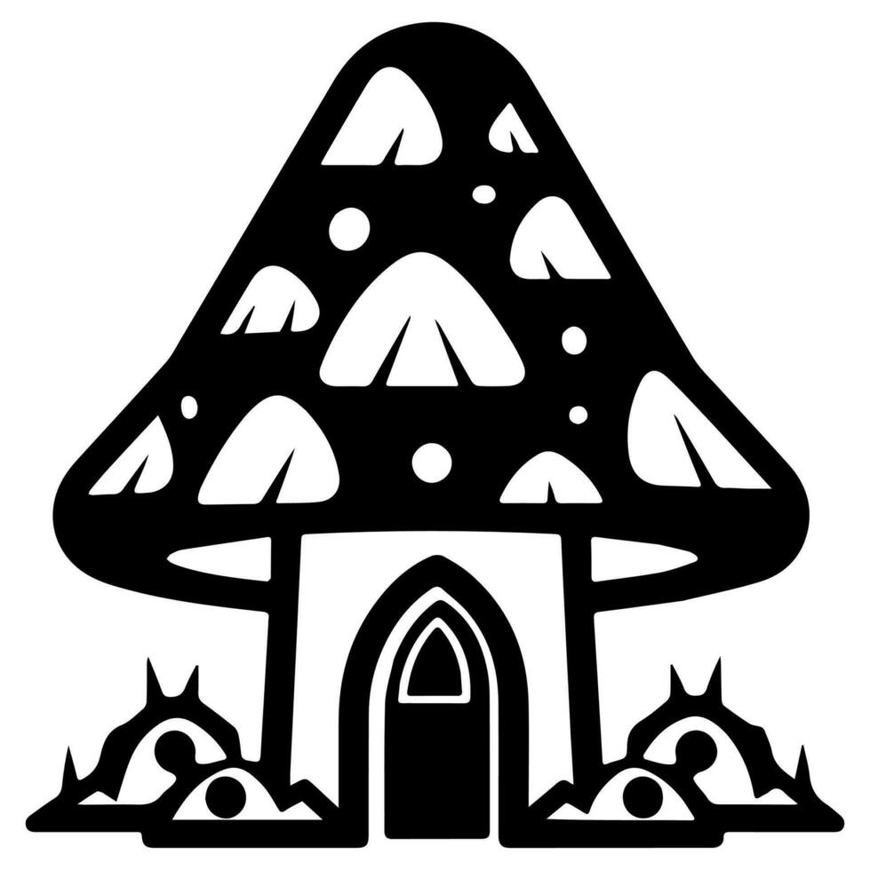 Mushroom hut, cute cartoon, vector icon, coloring page.