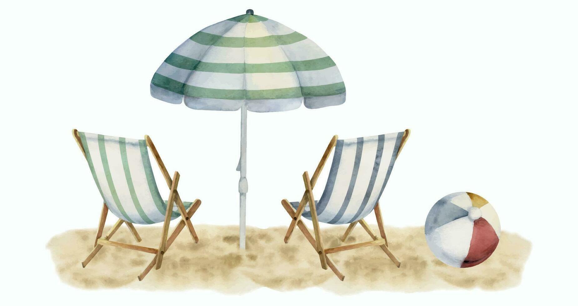 Hand drawn watercolor composition. Striped beach accessories, umbrellas and chairs on sand. Isolated on white background. Design wall art, wedding, print, fabric, cover, card, tourism, travel booklet. vector