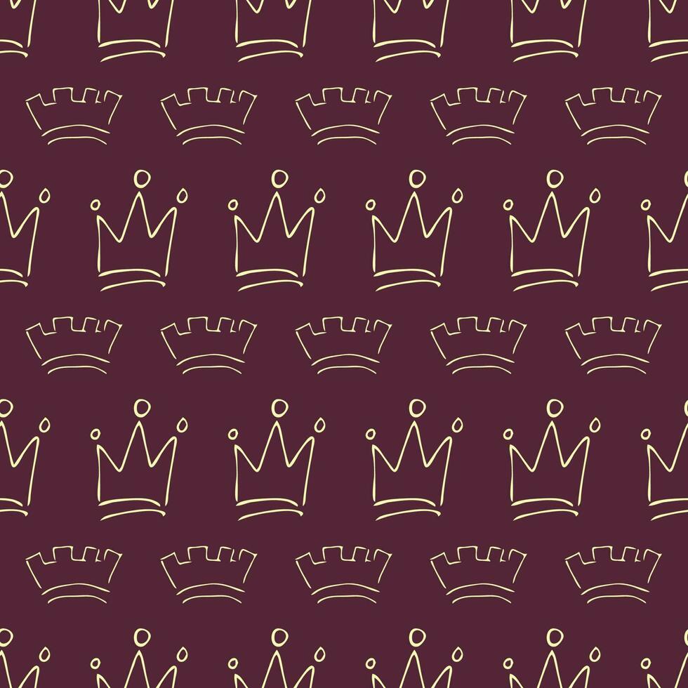 Hand drawn crowns. Seamless pattern of simple graffiti sketch queen or king crowns. Royal imperial coronation and monarch symbols. Vector illustration.