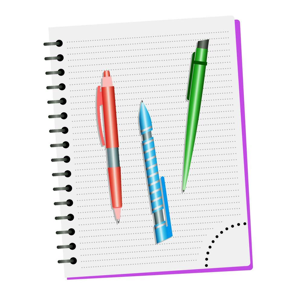 Notebook and three pens on a white background vector