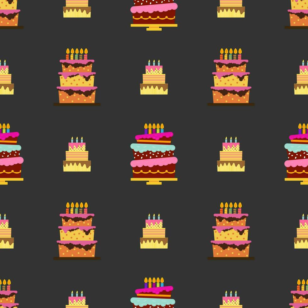 Seamless Pattern with colorful hearts, sweet cakes and pies. Vector illustration.