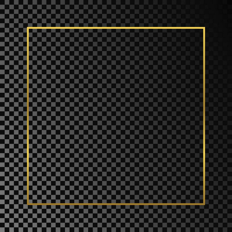 Gold glowing square frame isolated on dark background. Shiny frame with glowing effects. Vector illustration.