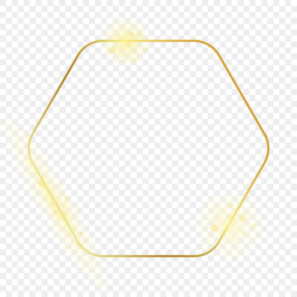 Gold glowing rounded hexagon frame isolated on background. Shiny frame with glowing effects. Vector illustration.