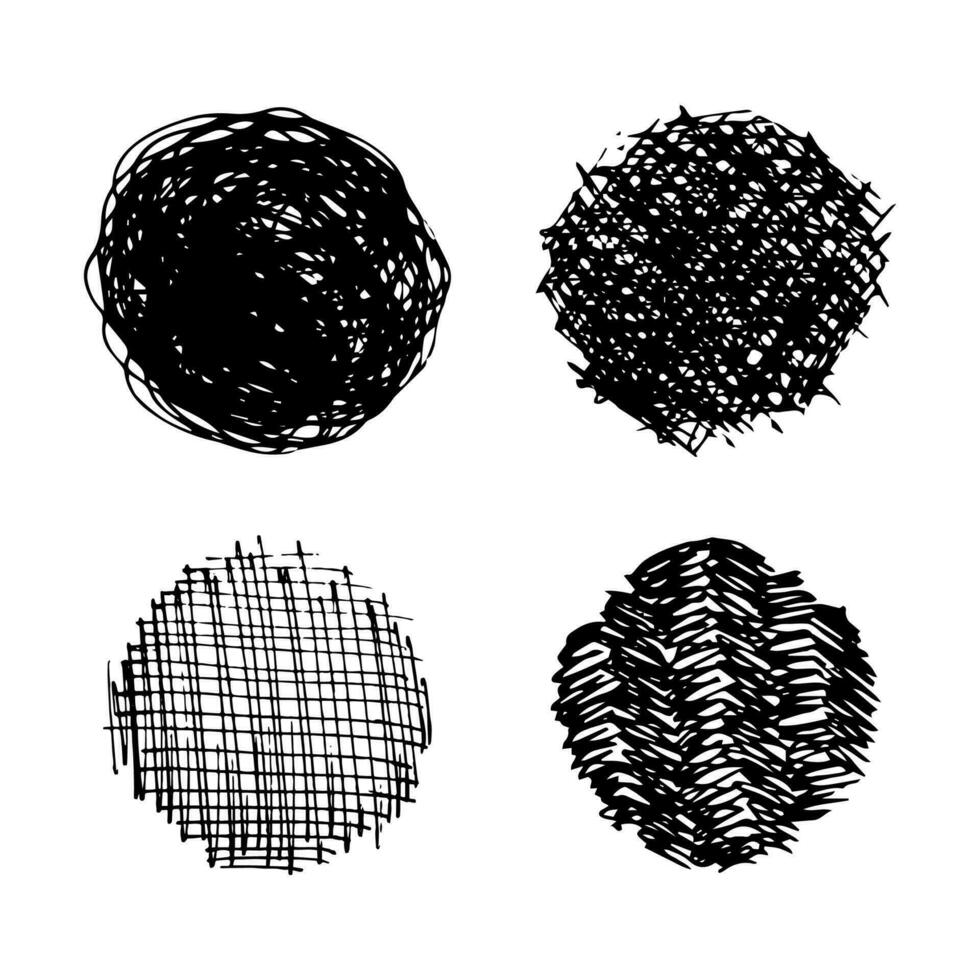 Sketch scribble smear. Set of four black pencil drawings in the shape of a circle on white background. Great design for any purposes. Vector illustration.