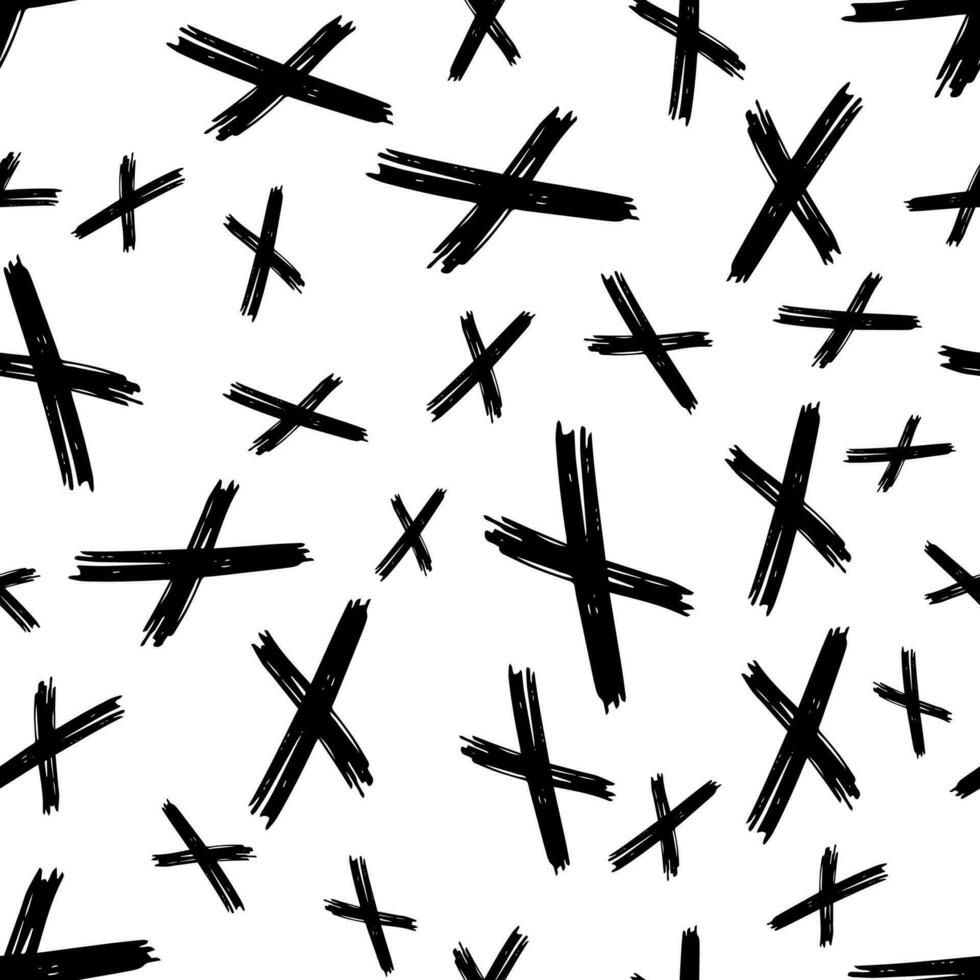 Seamless pattern with hand drawn cross symbols. Black sketch cross symbol on white background. Vector illustration