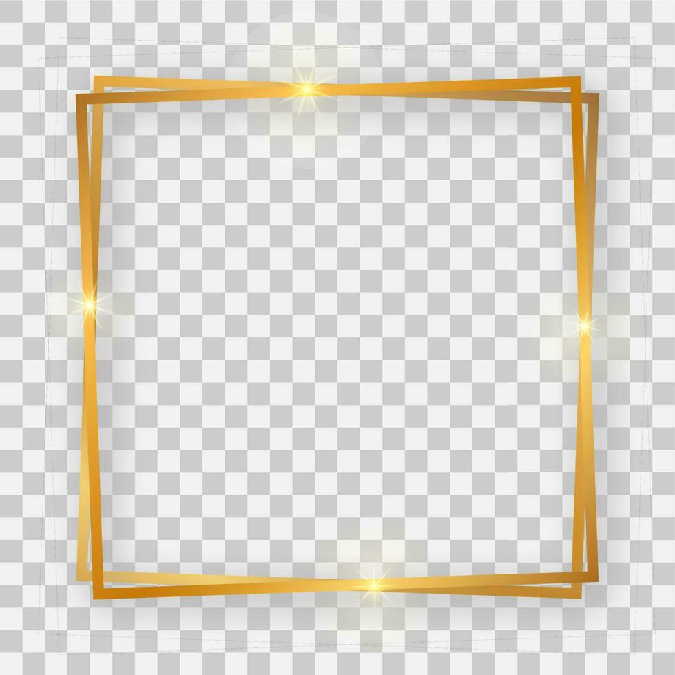 Double gold shiny square frame with glowing effects and shadows vector