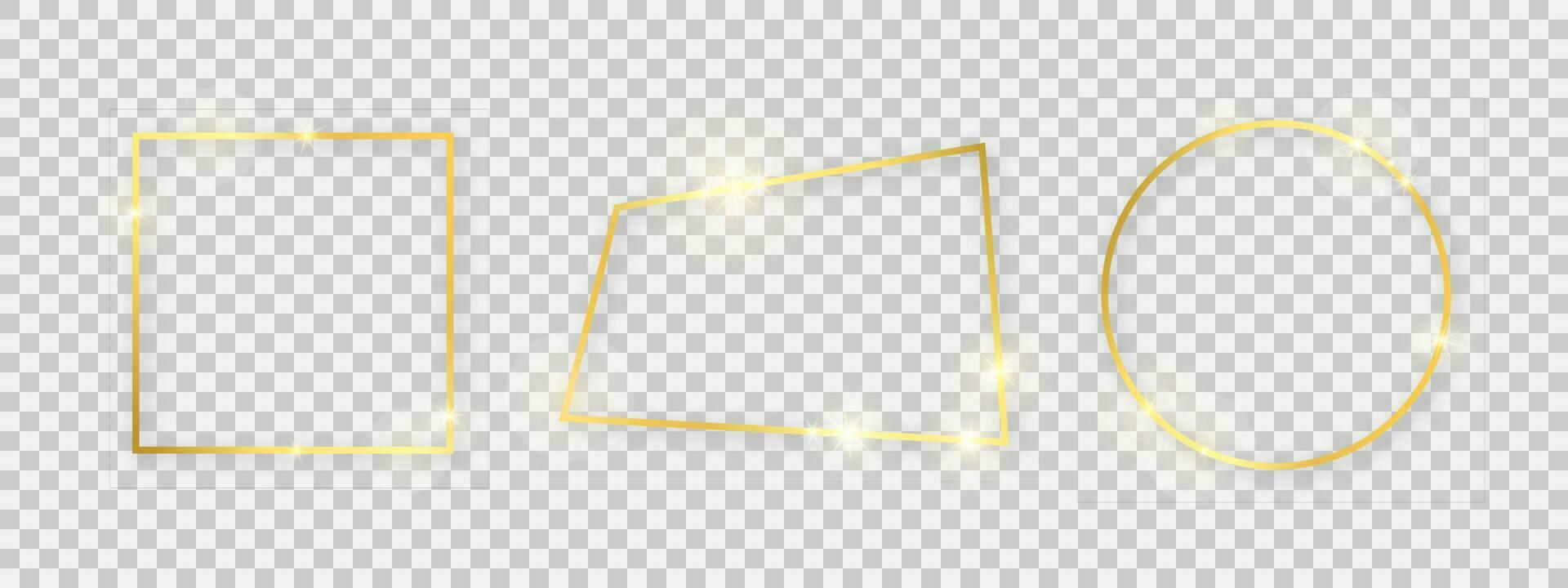 Shiny frames with glowing effects. Set of three gold frames with shadows vector