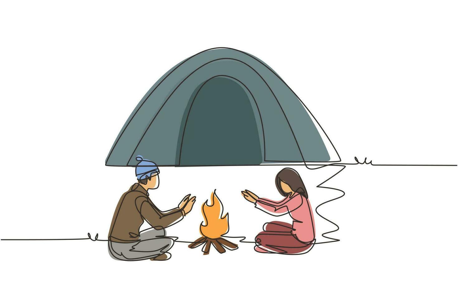 Single continuous line drawing traveling couple active recreation camping around campfire tents. Man and woman warm their hands near bonfire. Dynamic one line draw graphic design vector illustration