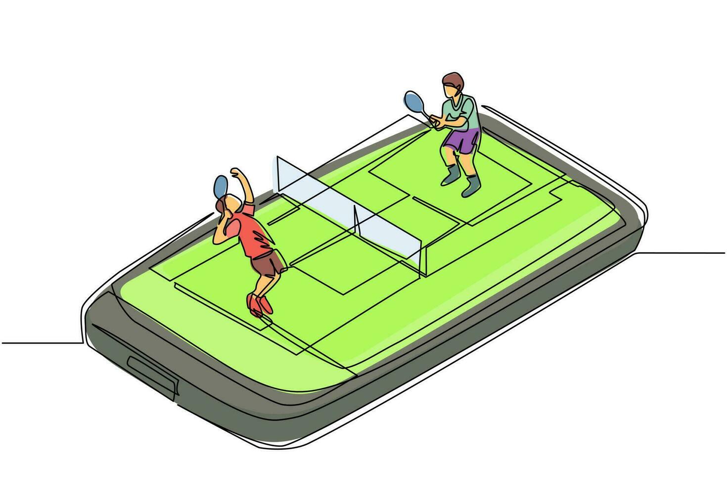 soltero uno línea dibujo tenis Corte con dos jugadores en teléfono inteligente pantalla. profesional Deportes competencia, tenis jugadores durante fósforo, móvil aplicación moderno continuo línea dibujar diseño gráfico vector