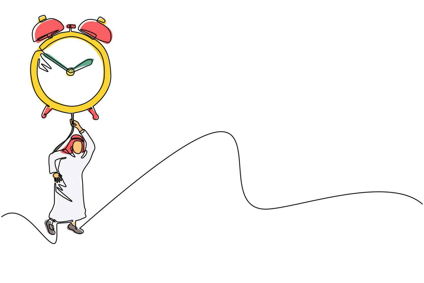 Continuous one line drawing Arabian businessman, manager or employee flying with big balloon alarm clock and hold rope. Time management business metaphor. Single line draw design vector illustration