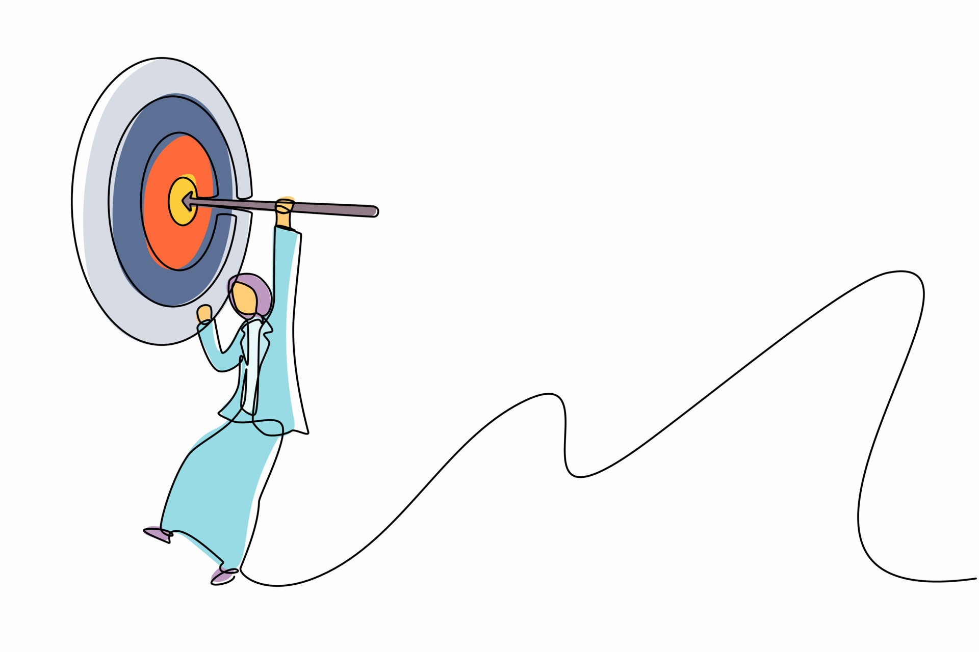 Single one line drawing Arabian businesswoman hanging arrow on target, business success concept