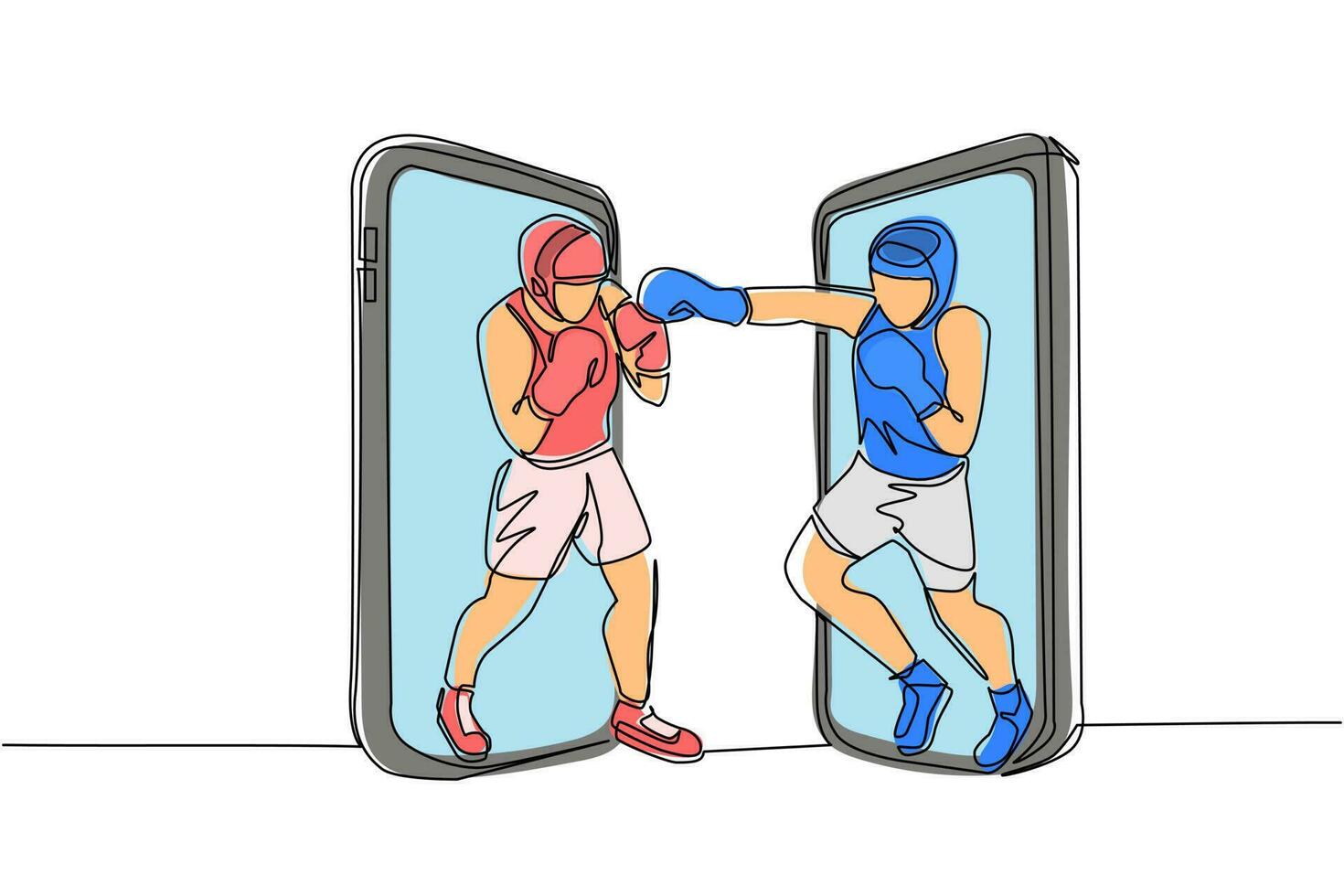 Single one line drawing boxers comes out from cellular phone ready to fight. Fighters in sportswear sparring, training. Competitive sport, single combat. Continuous line draw design graphic vector