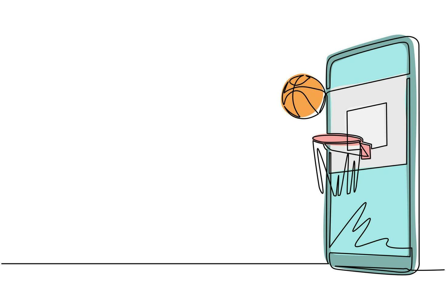 Single continuous line drawing smartphone with app basketball hoop and ball. Smartphone with app basketball. Mobile sports stream championship to play. One line draw graphic design vector illustration