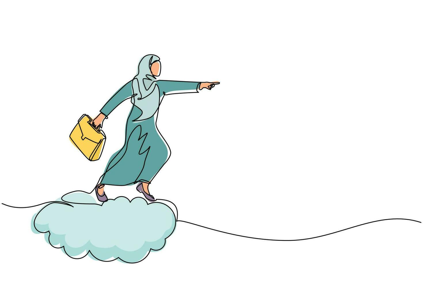 Continuous one line drawing Arabian businesswoman holding briefcase ride cloud, pointing forward, go to future, business concept. Woman on cloud way to success. Single line draw design vector graphic