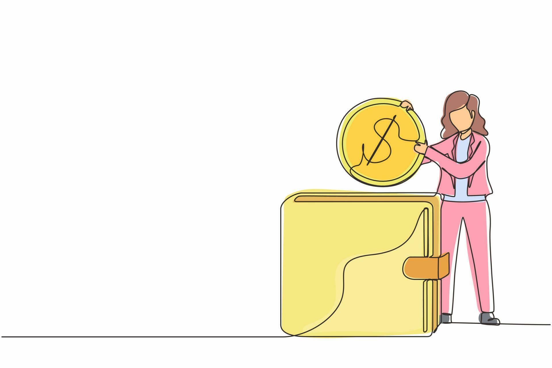 Single one line drawing businesswoman putting dollar coin into big