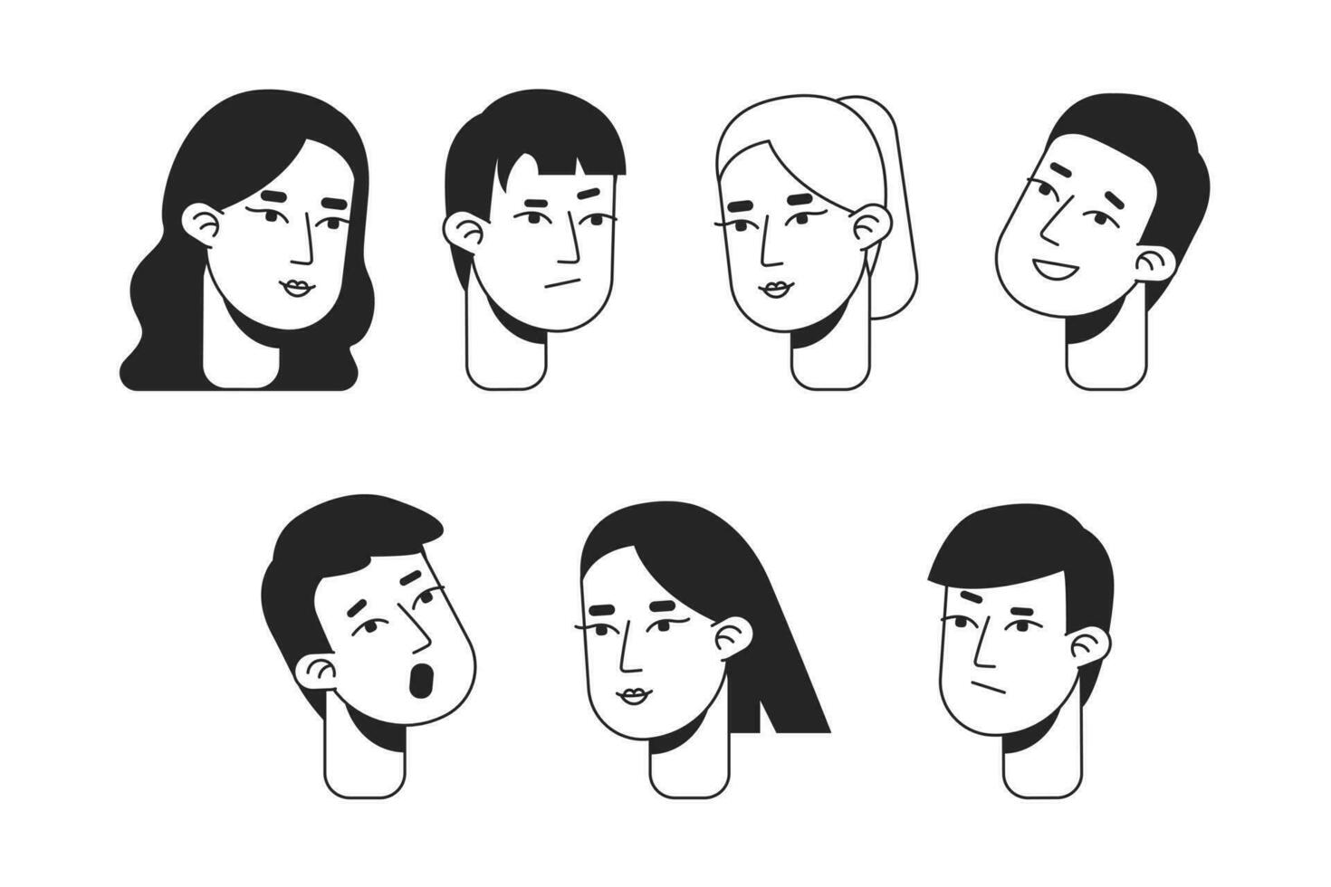 Young asian woman and man monochrome flat linear character heads bundle. Social emotional editable outline people icons. Line users faces. 2D cartoon spot vector avatar illustration pack for animation