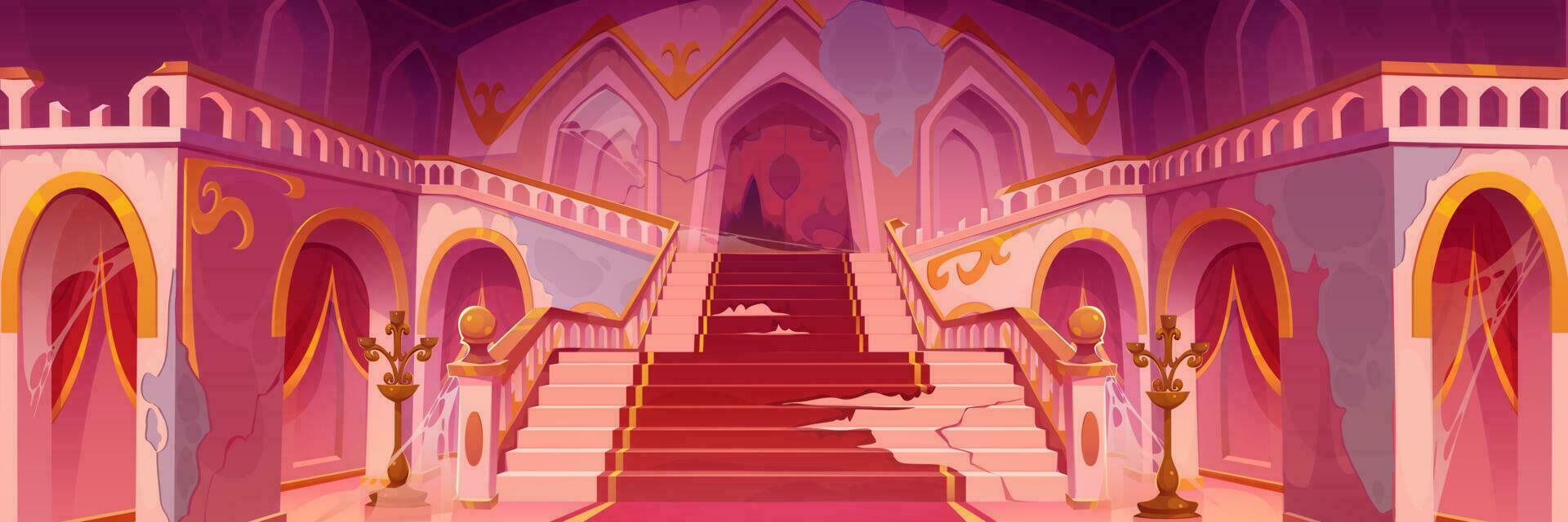 Old messy castle interior with broken stairs vector
