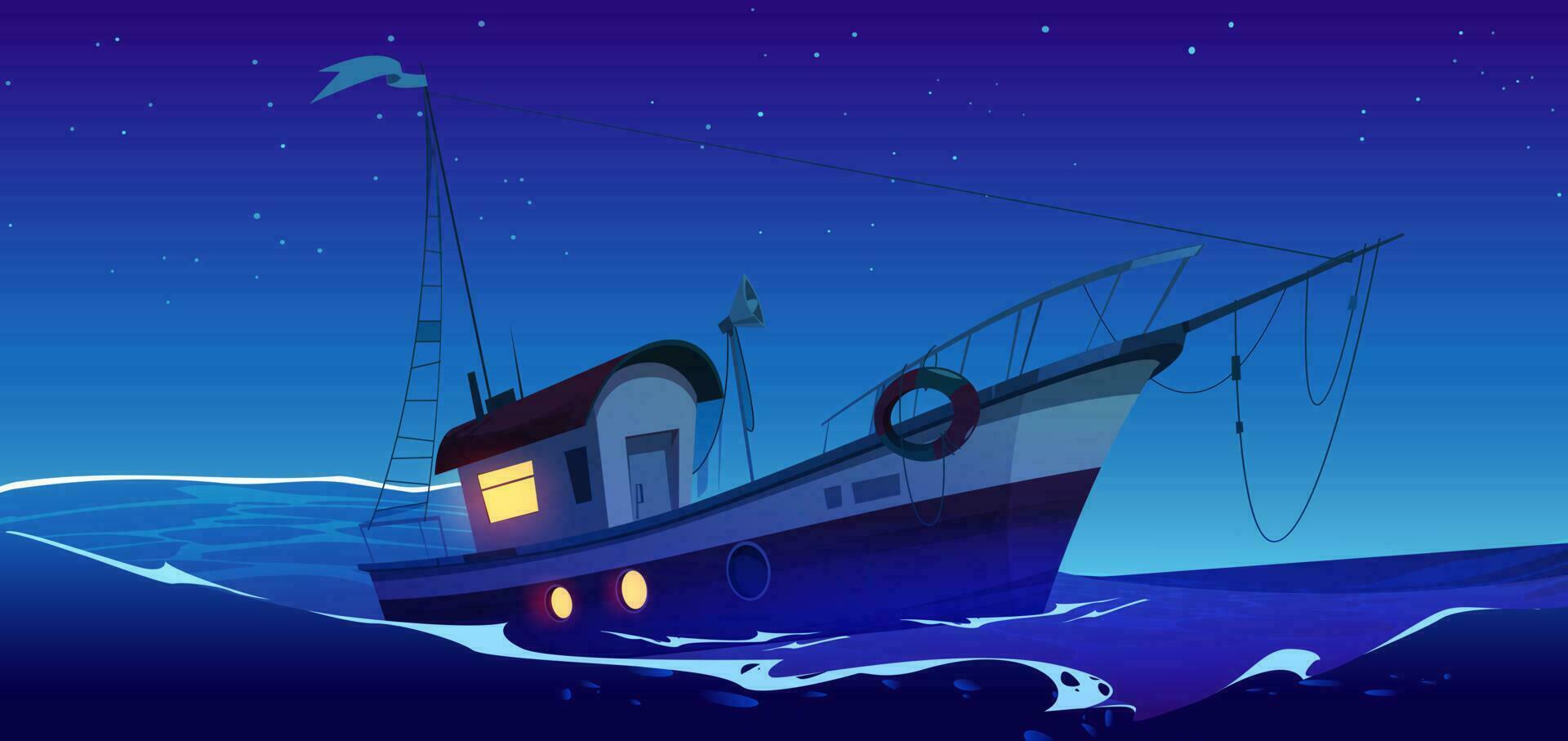 pescar barco en mar o Oceano a noche vector