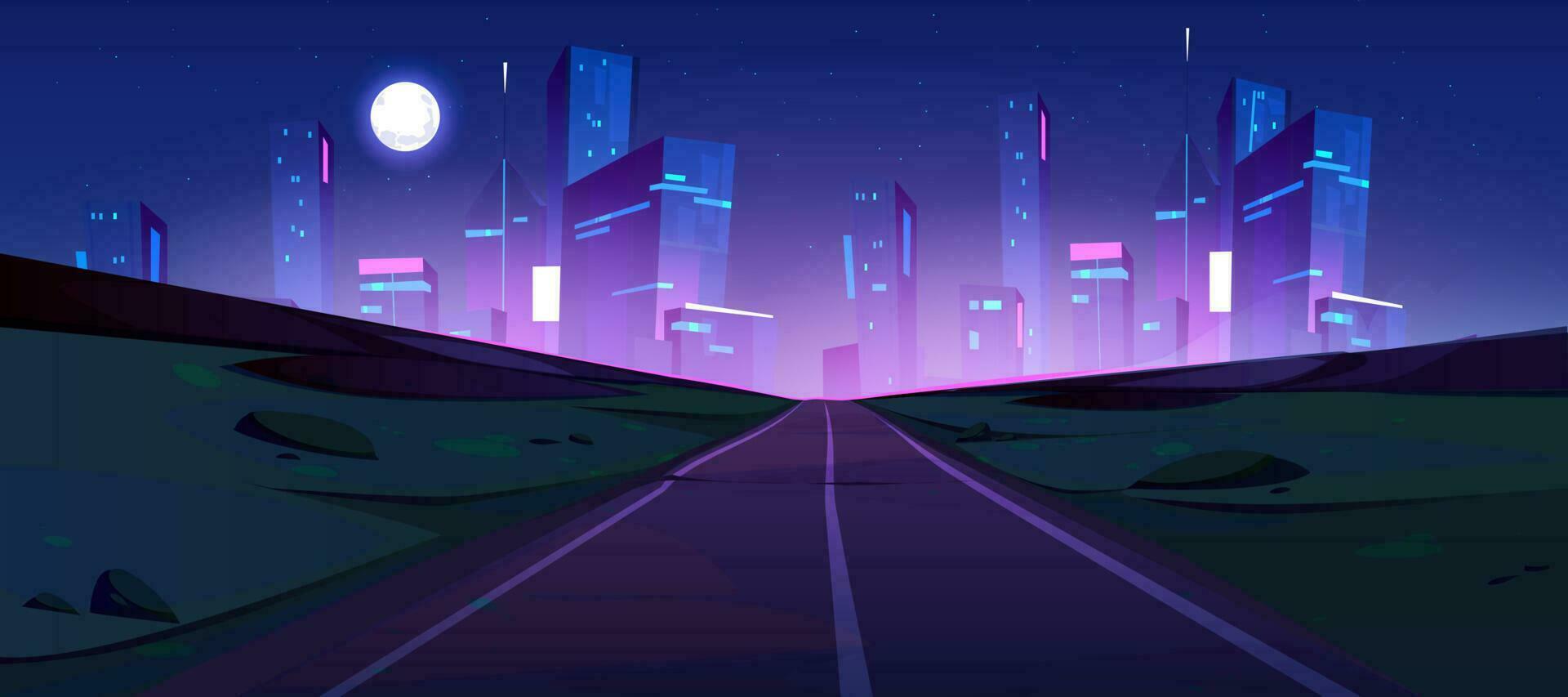 Night highroad to futuristic city vector landscape