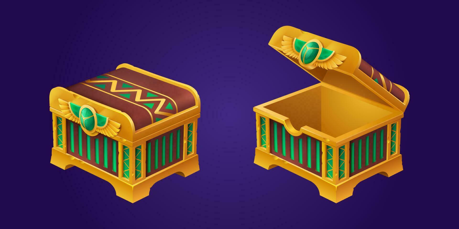 Closed and open Egyptian treasure chest set vector