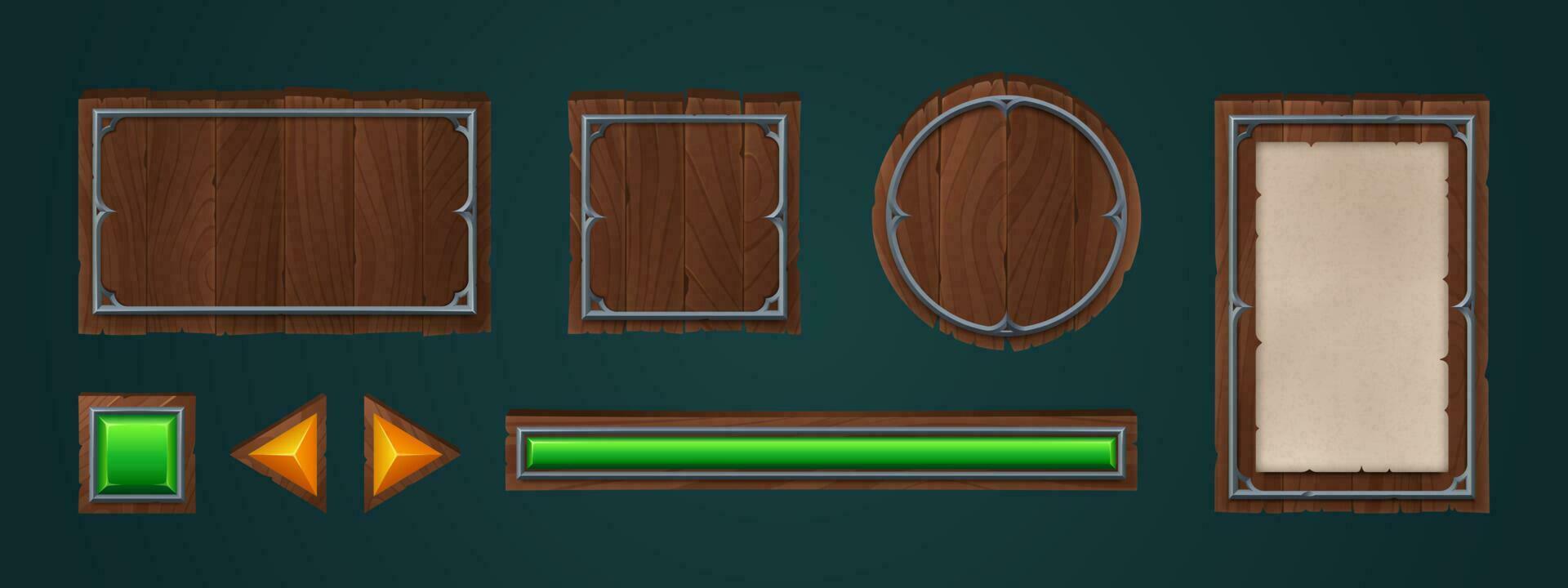 Wooden game interface board, cartoon button icon vector