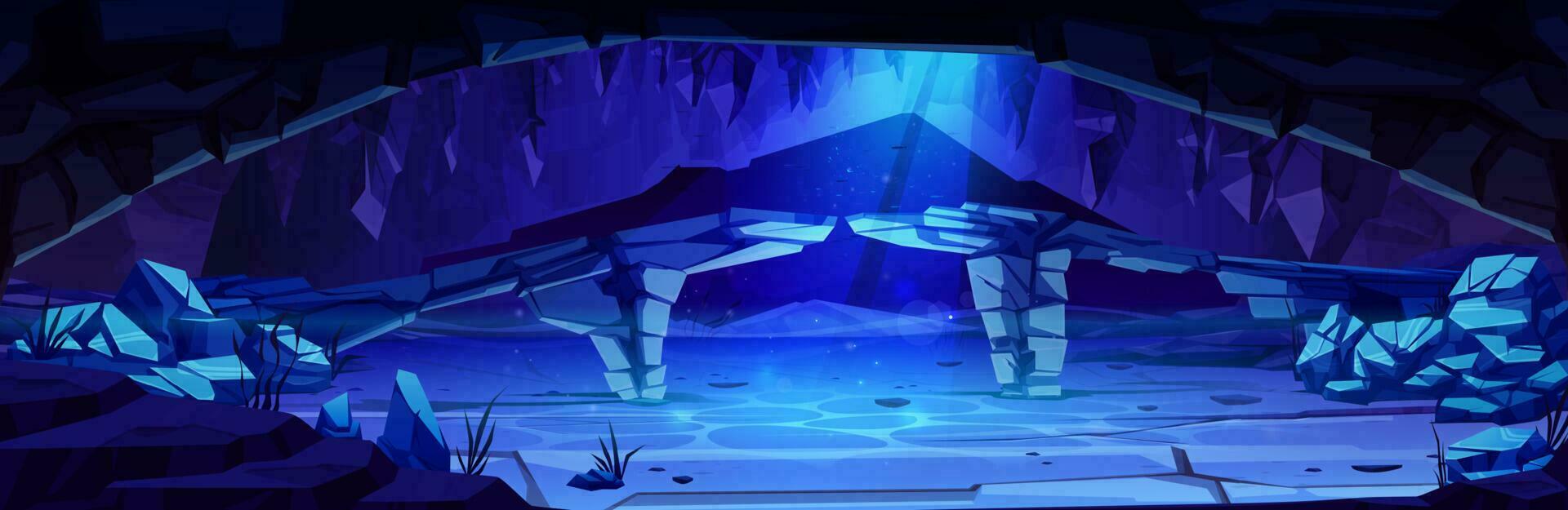 Cartoon underwater cave with stone bridge vector