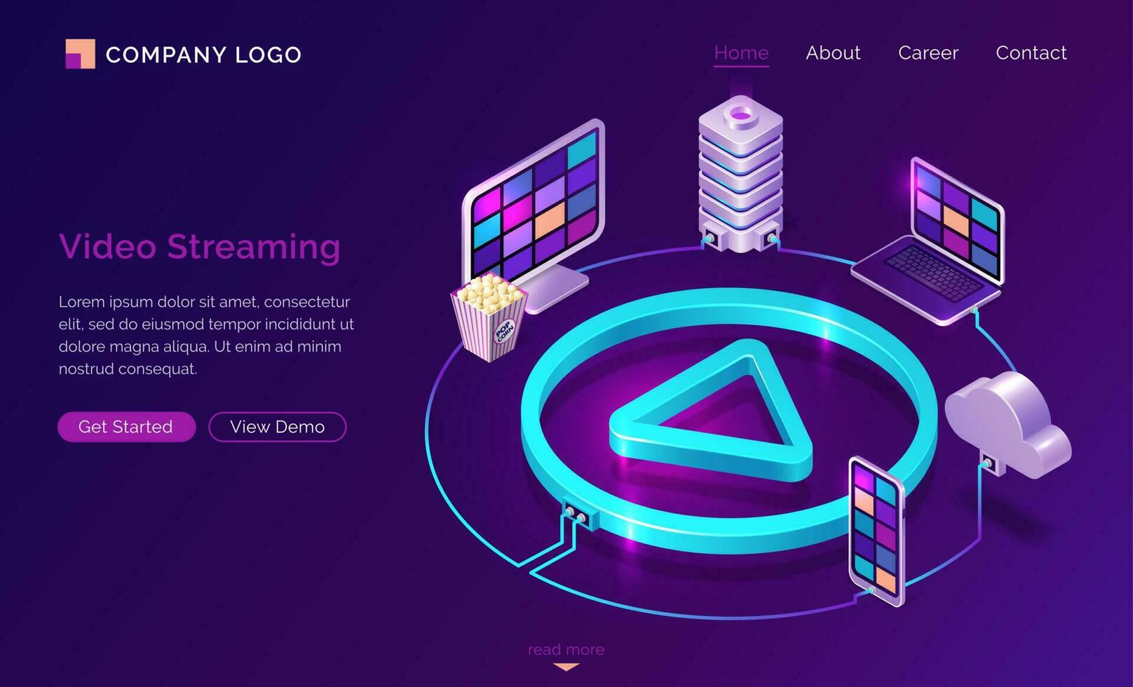 Video streaming internet film service landing page vector