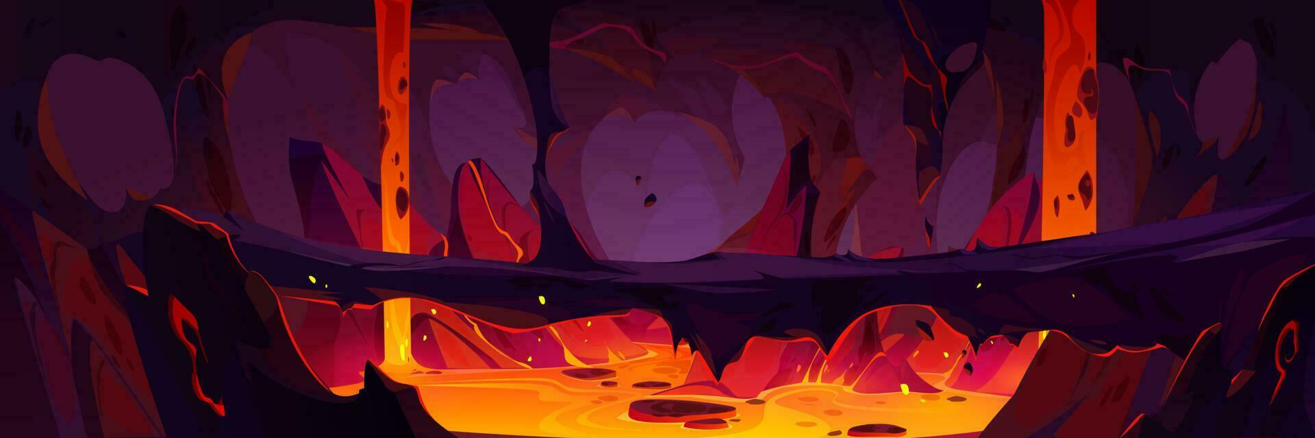 Lava flow inside volcano cave vector