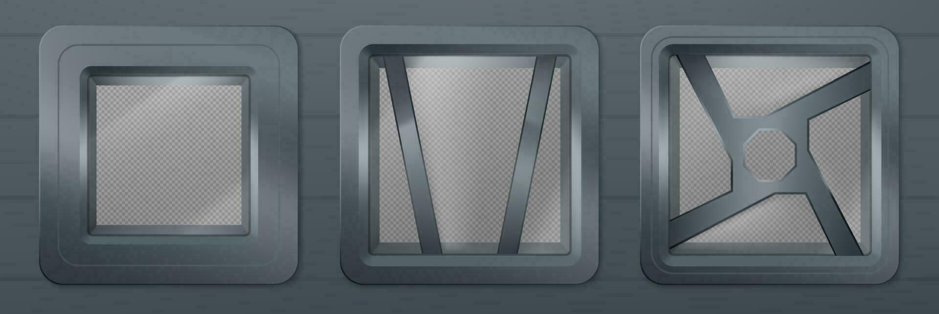 Porthole in spaceship, metal square windows vector