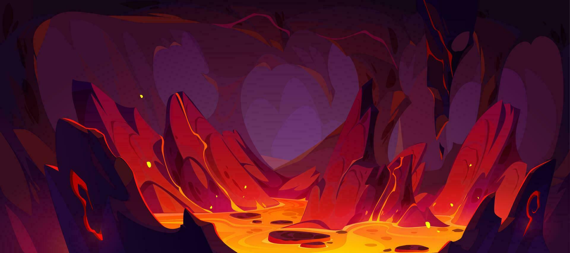 Game background of hell with lava in rock cave vector