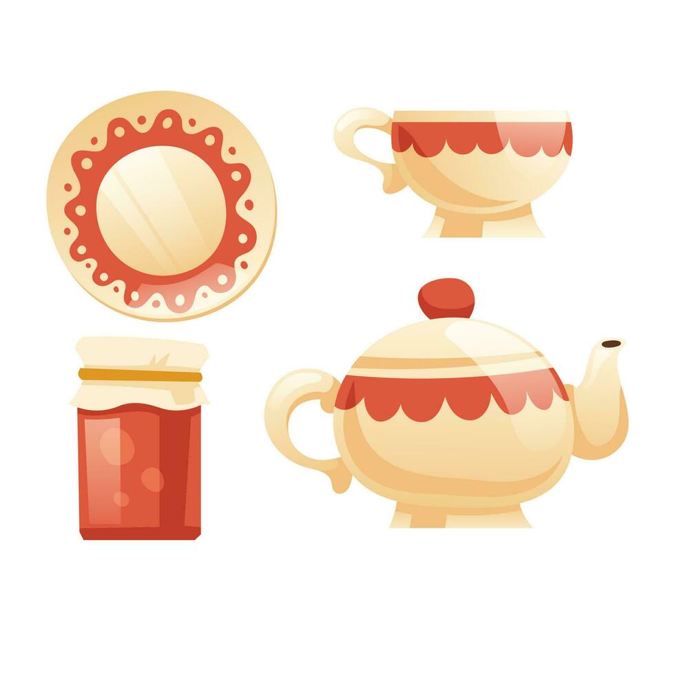 té conjunto con taza, pava, platillo y mermelada tarro vector