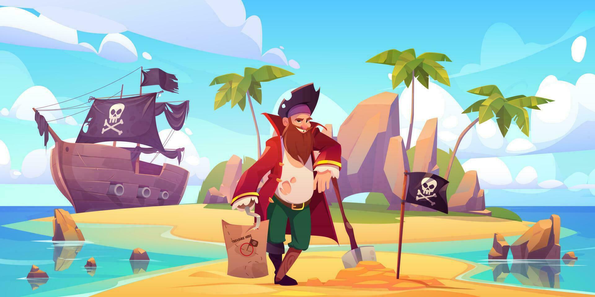 pirata enterrado tesoro cofre en tropical isla vector