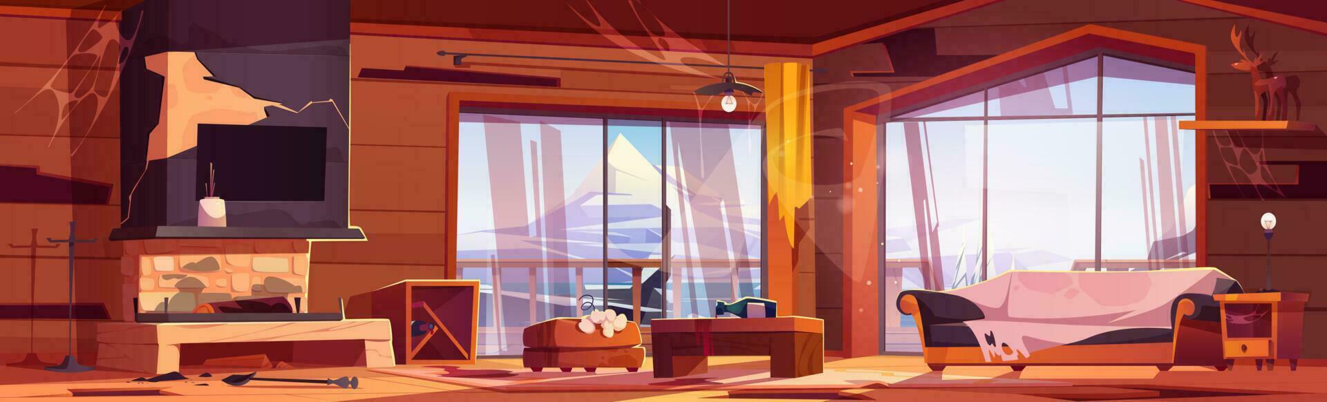 Abandoned chalet interior with mountain view vector
