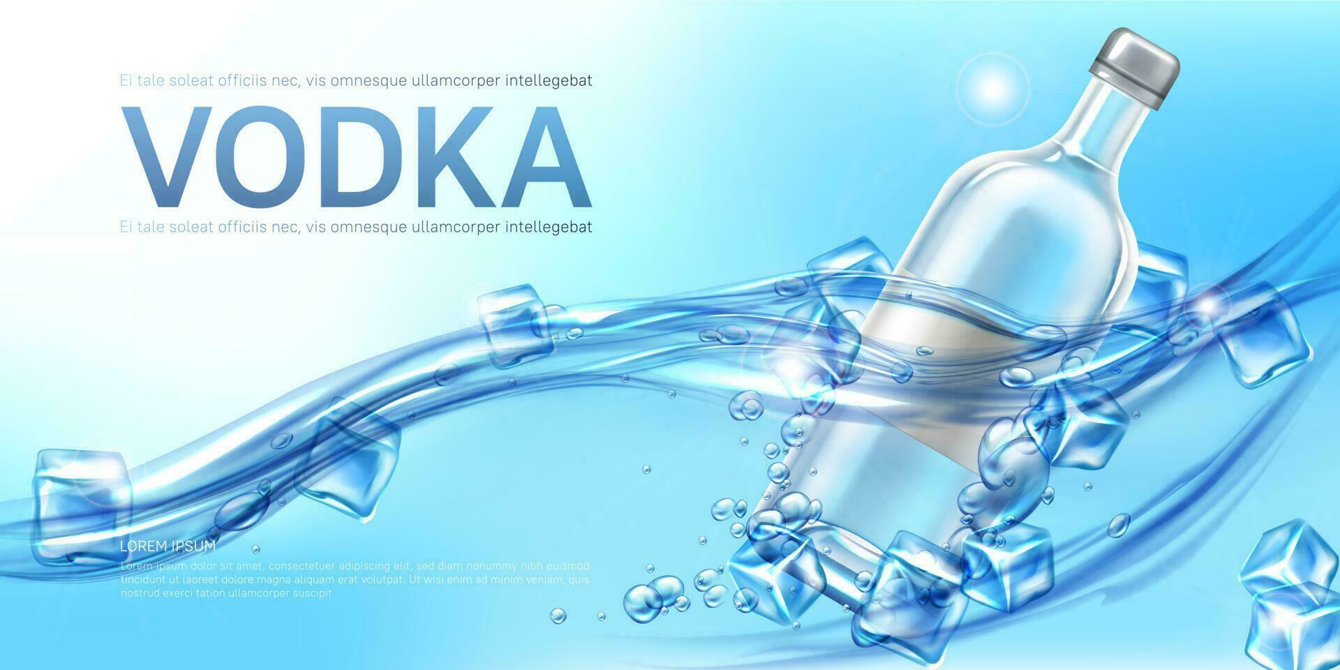 Vodka bottle with ice cubes mockup promo banner vector