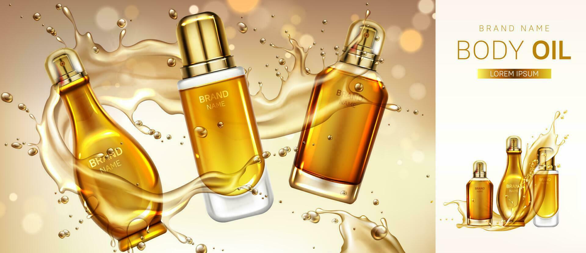 Body oil cosmetics product bottles mockup banner. vector