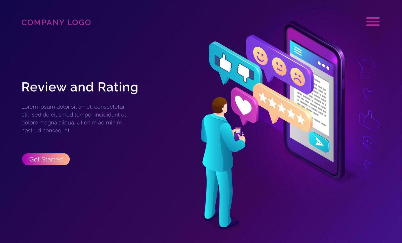 Review and rating isometric landing page banner vector