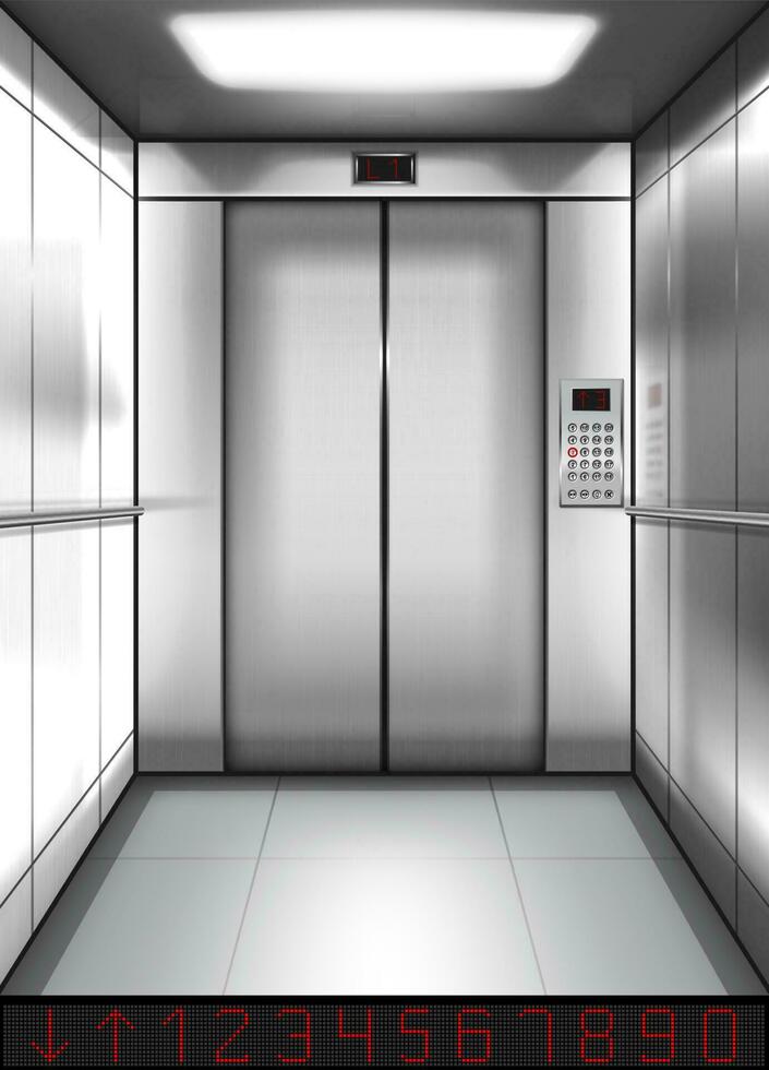 Realistic elevator cabin with closed doors inside vector