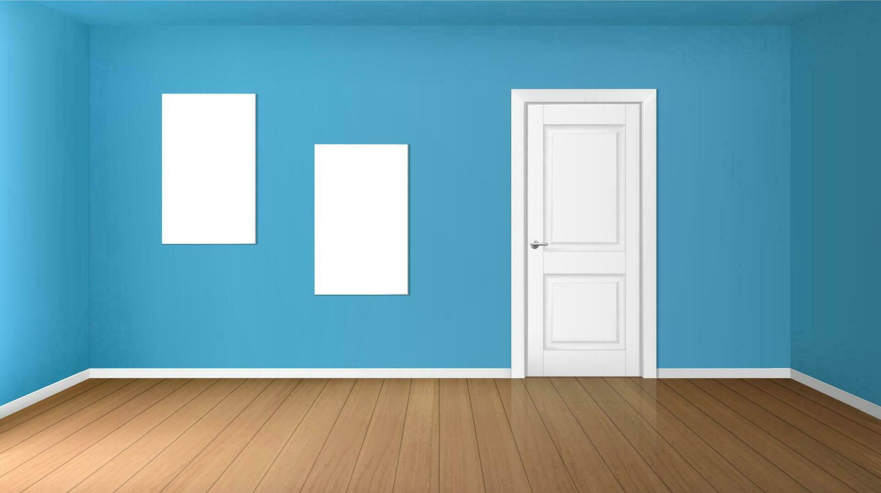 Empty room with closed door and blank posters vector