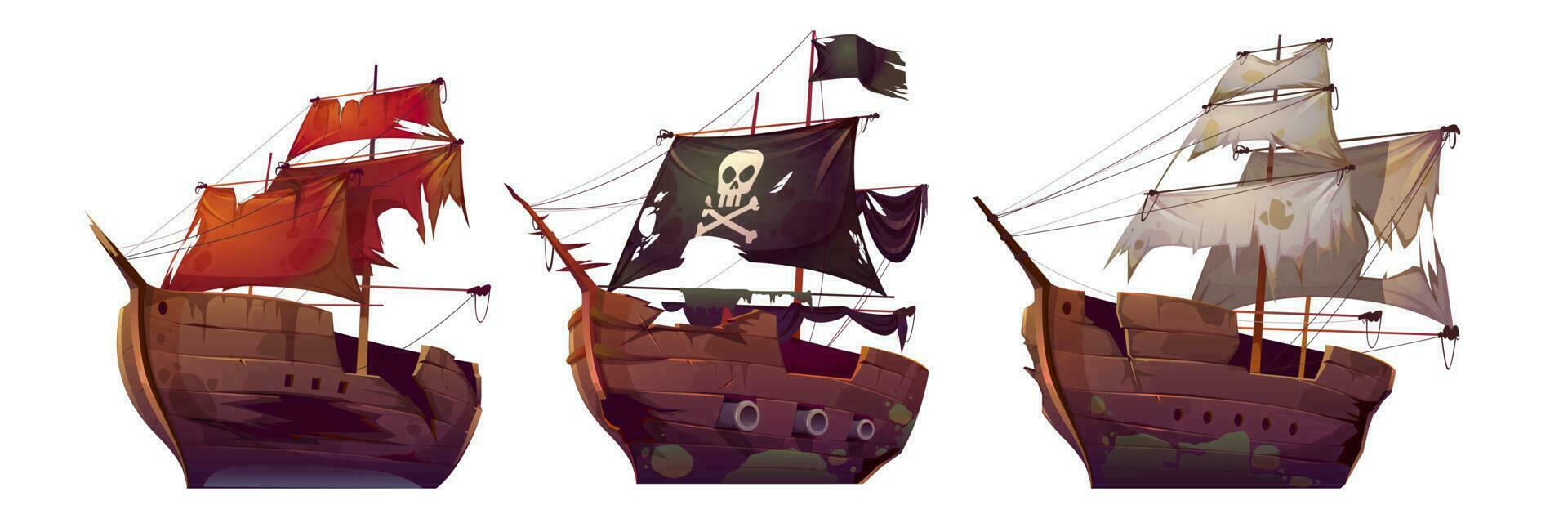 Ships after shipwreck, old broken sail boats vector