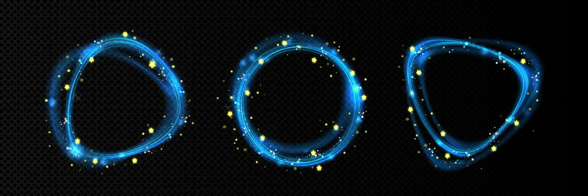 Magic light effect, blue neon lines and gold stars vector