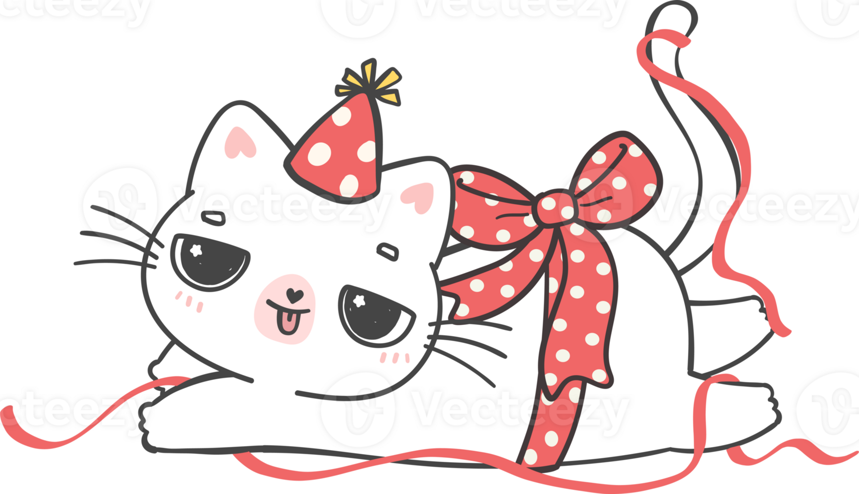 Cute playful happy birthday cat kitten celebrating party cartoon doodle hand drawing png