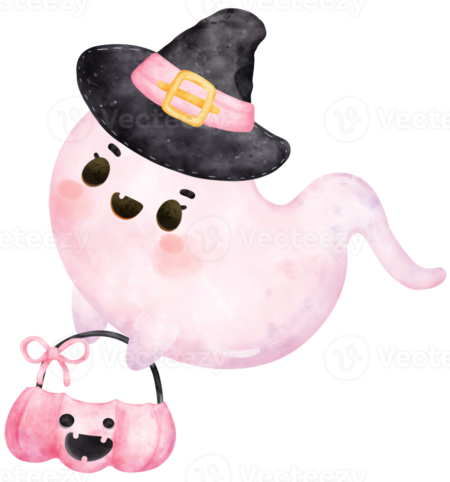 Cute Pink Ghost Halloween watercolor hand painted kawaii cartoon png