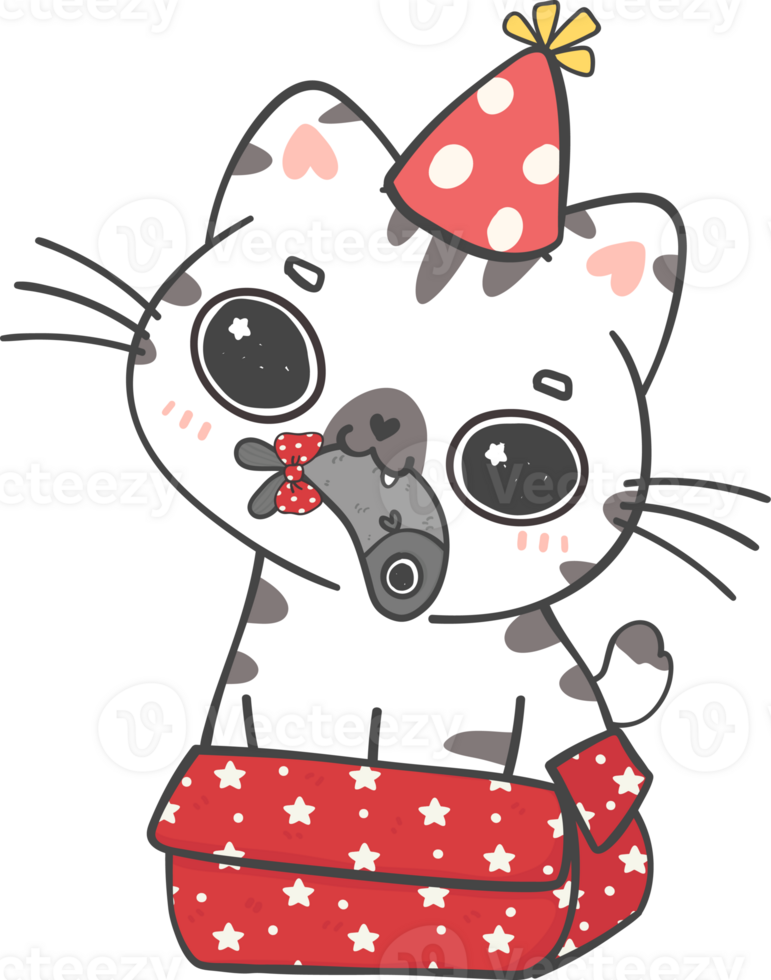 Cute playful happy birthday cat kitten celebrating party cartoon doodle hand drawing png