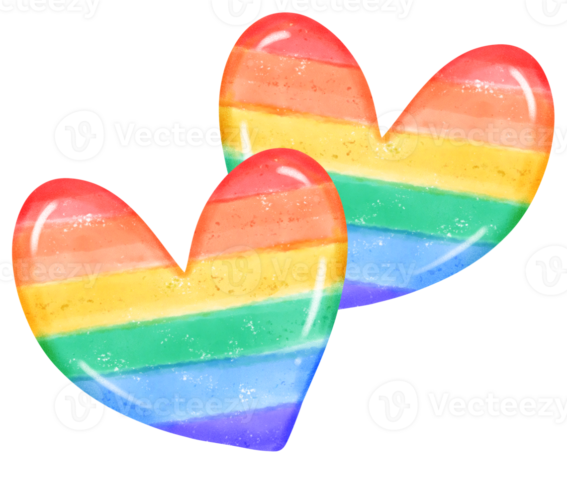 group of two cute pride rainbow hearts shape kawaii cartoon hand drawn watercolor png