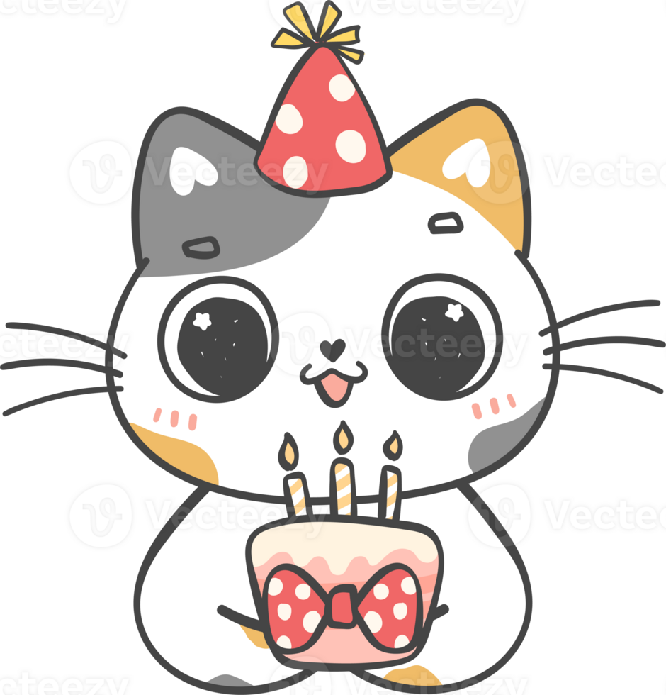 Cute playful happy birthday cat kitten celebrating party cartoon doodle hand drawing png