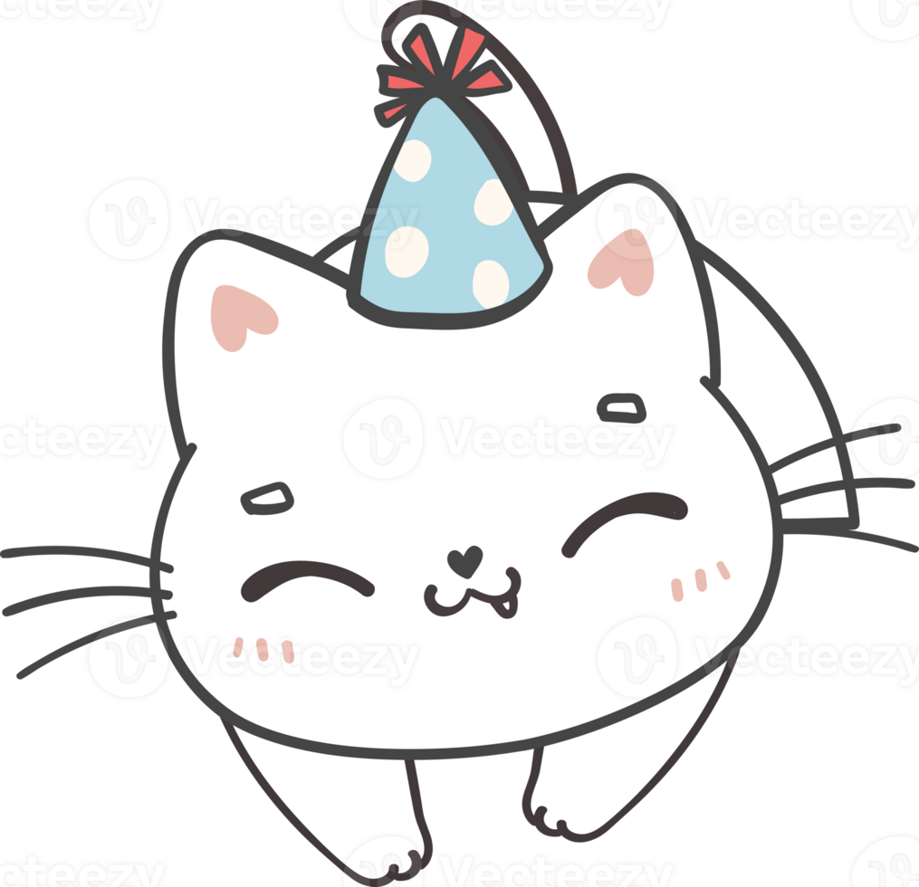 Cute playful happy birthday cat kitten celebrating party cartoon doodle hand drawing png