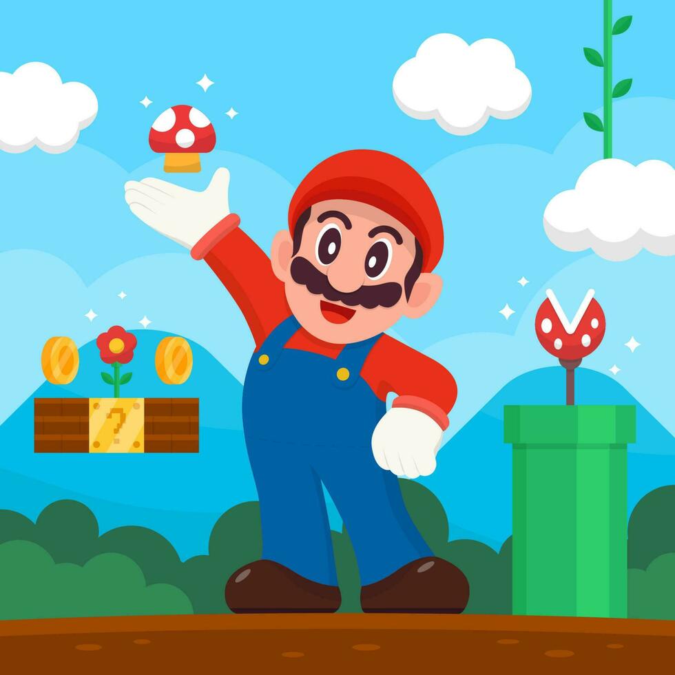 Plumber Man with Mushroom and Flowers vector