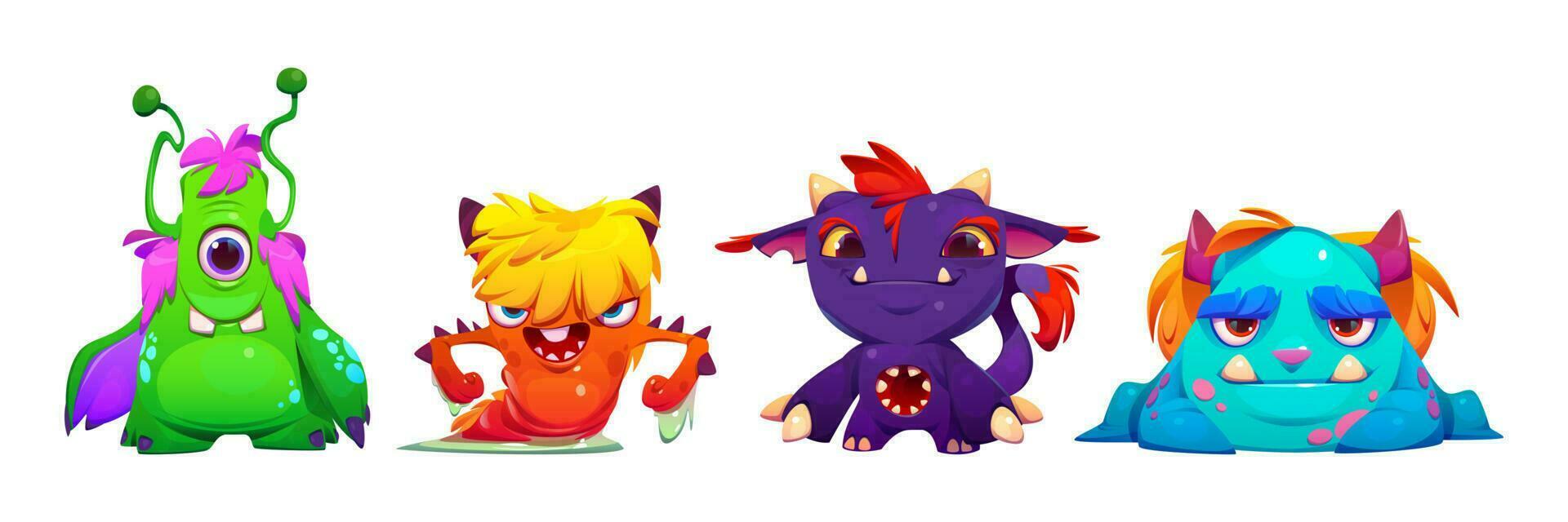 Set of cartoon neon color cute monsters vector