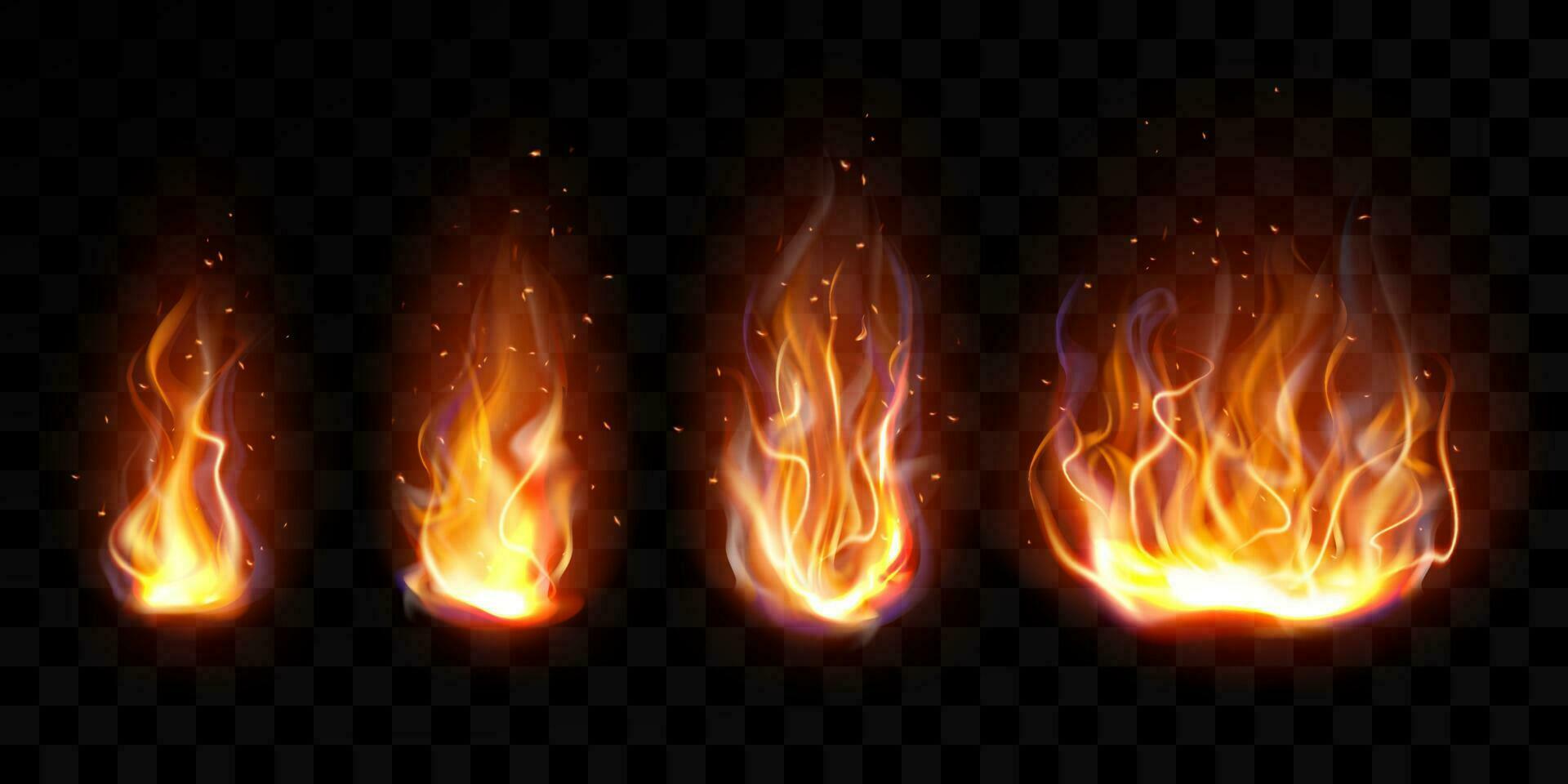 Realistic fire, torch flame set isolated clip art vector